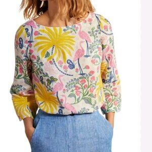 Boden Laurie Linen Top in Tropical Charm Cranes Birds Flowers Floral Butterflies